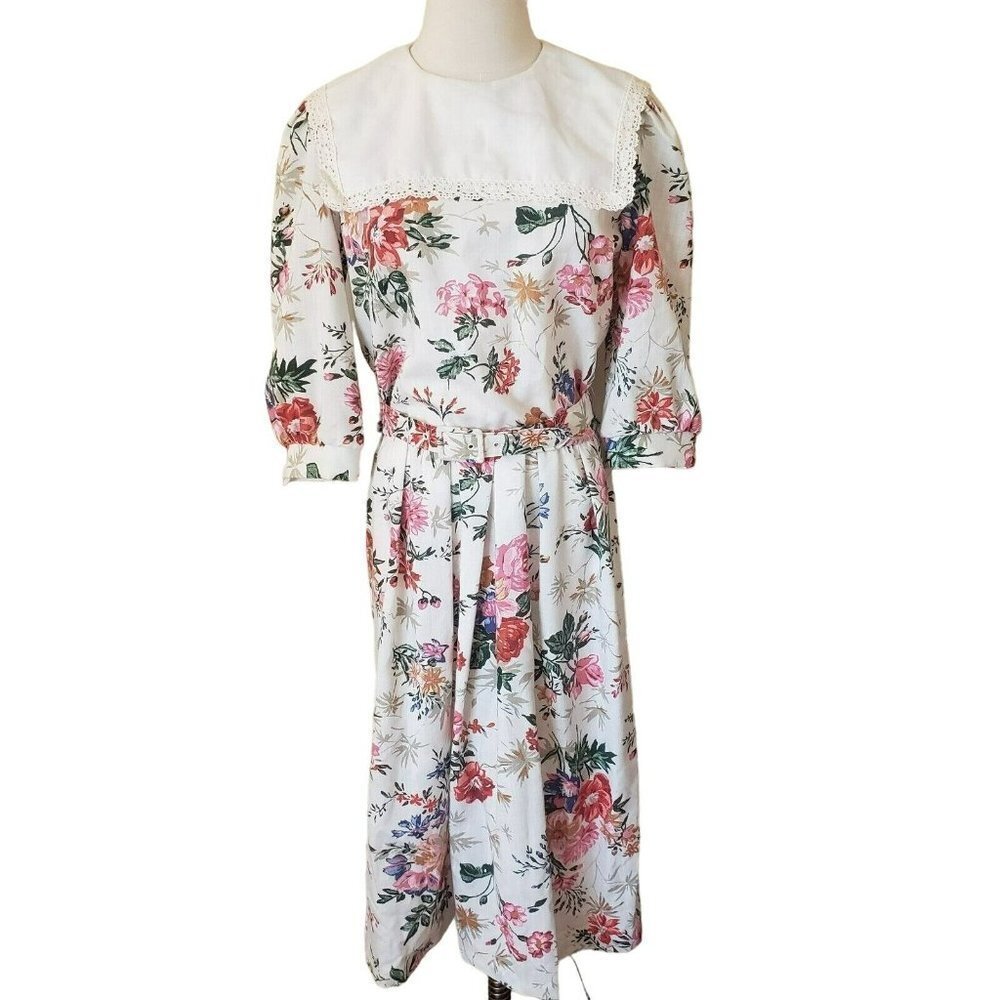 Vintage Floral Belted Dress Spring Garden Tea Party Cottagecore Sz 10